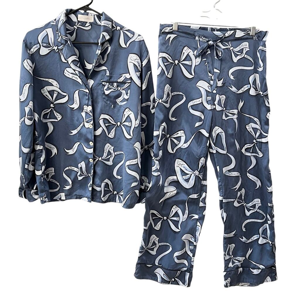 Olivia von Halle Blue Silk Satin Pajama Set Sz L Lila Arran Blue Bow Women’s